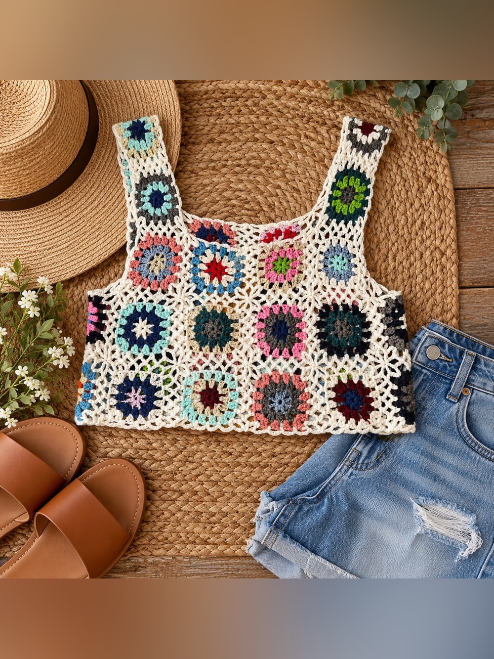 Say What? Multicolor Granny Square Crochet Tank Top Size L Boho NWT